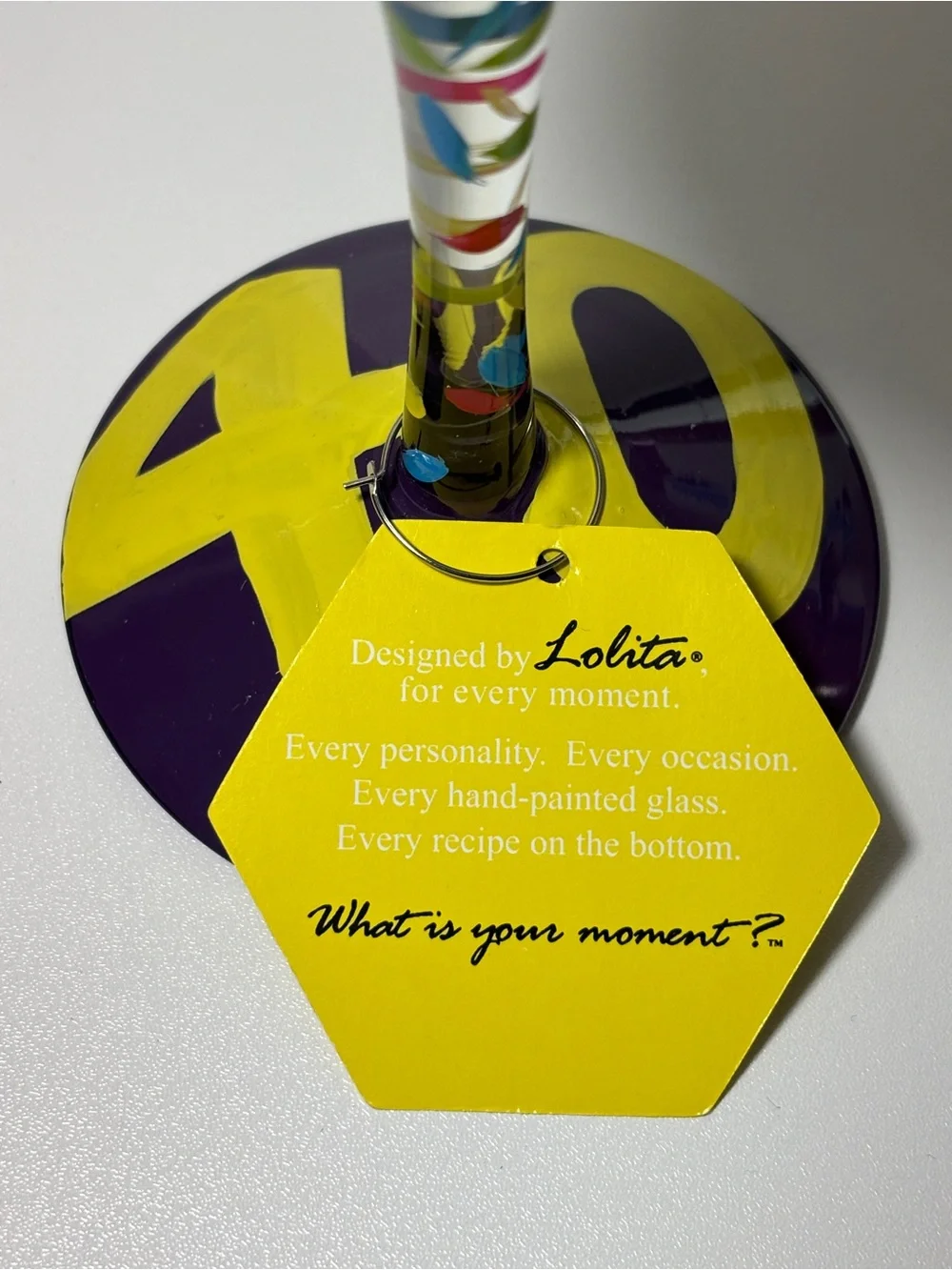 Lolita “40 Something” Wine Glass with Yellow Rim and Multicolor Candle Motifs